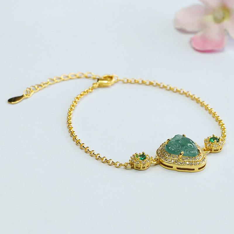 Bracelet porte-bonheur Bouddha rieur en jade vert et zircon de 14 cm