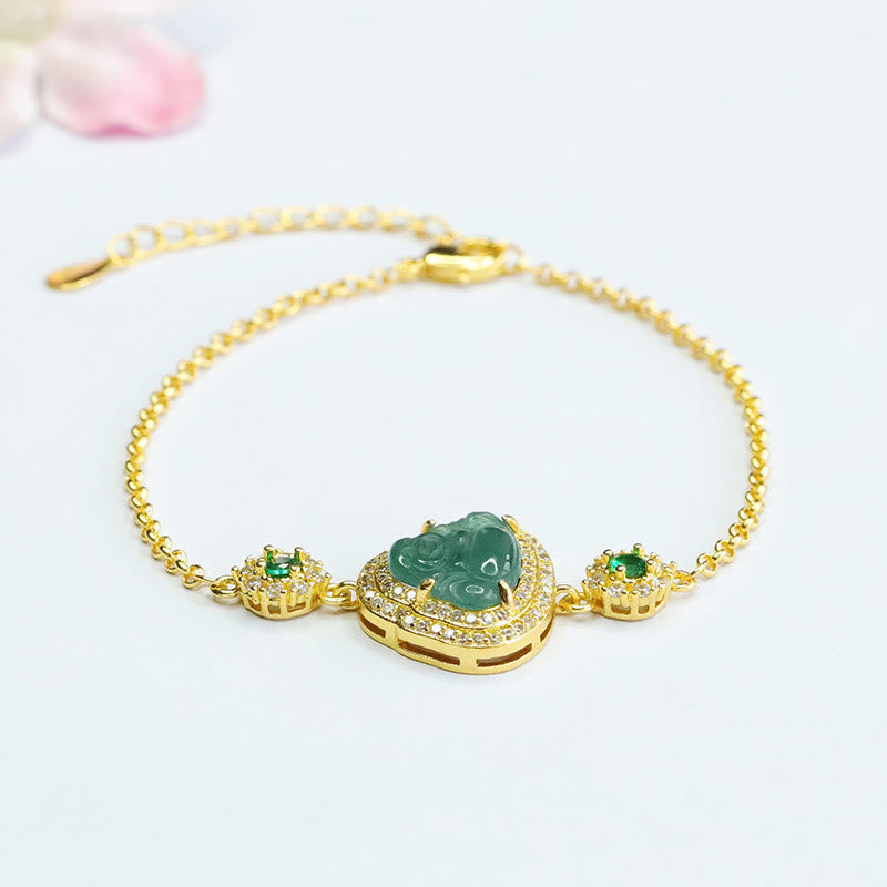 Bracelet porte-bonheur Bouddha rieur en jade vert et zircon de 14 cm
