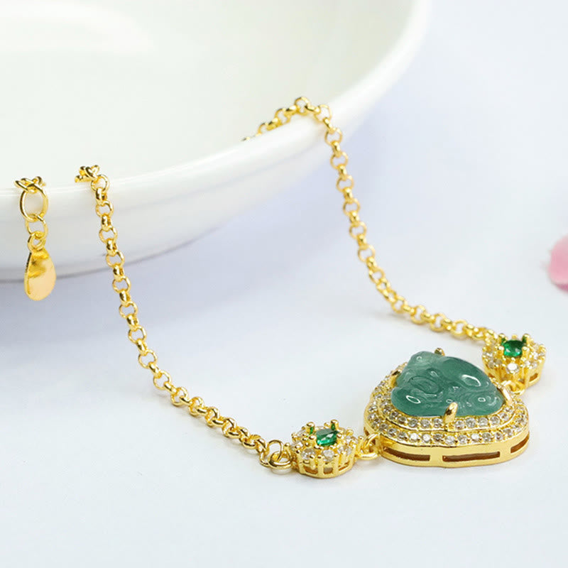 Bracelet porte-bonheur Bouddha rieur en jade vert et zircon de 14 cm
