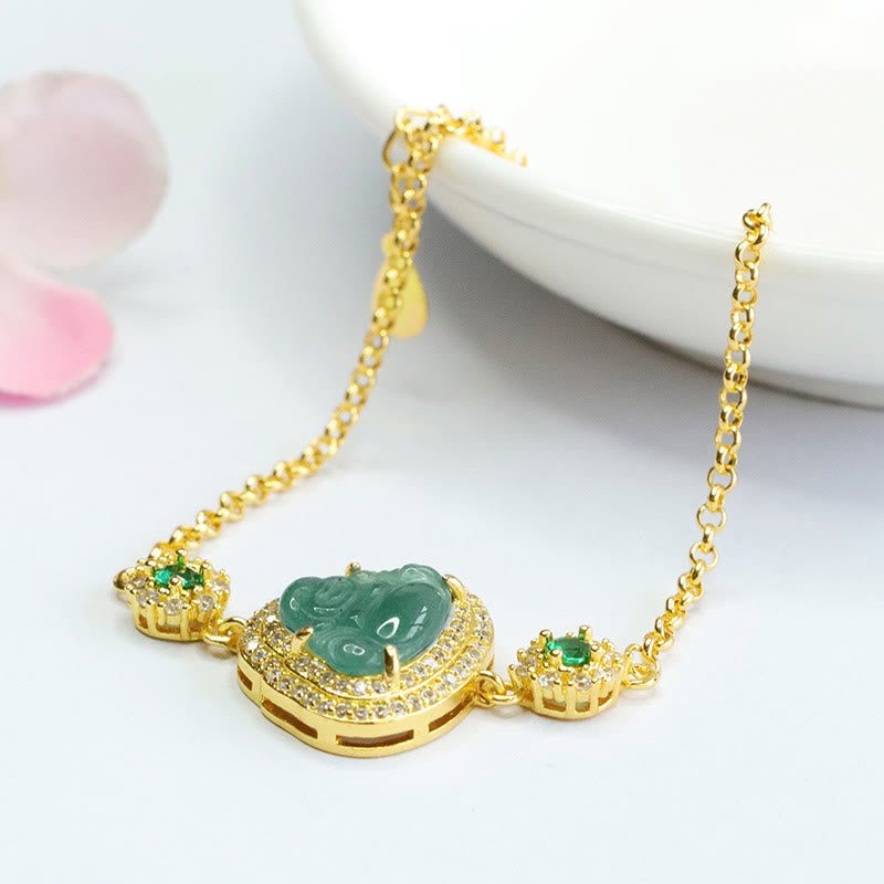 Bracelet porte-bonheur Bouddha rieur en jade vert et zircon de 14 cm