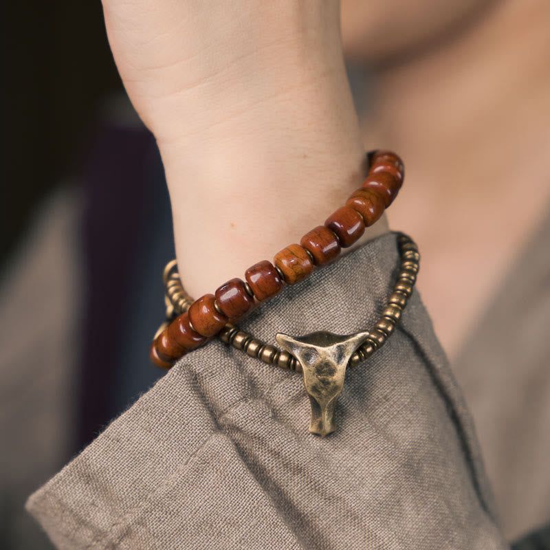 Bracelet spirituel double tour en cuivre et os de yak de 14 cm