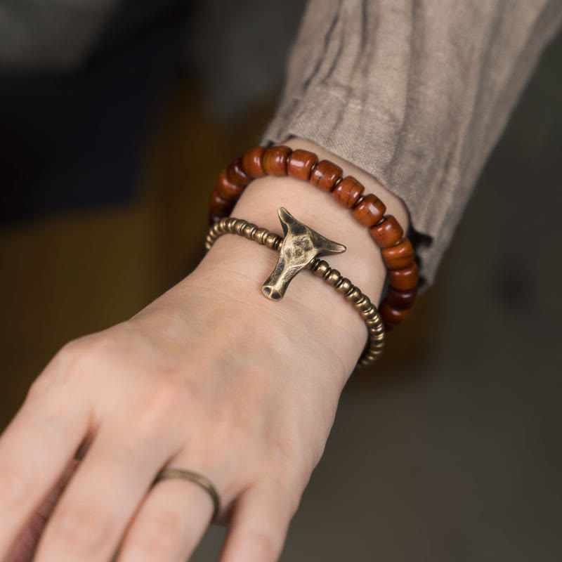 Bracelet spirituel double tour en cuivre et os de yak de 14 cm