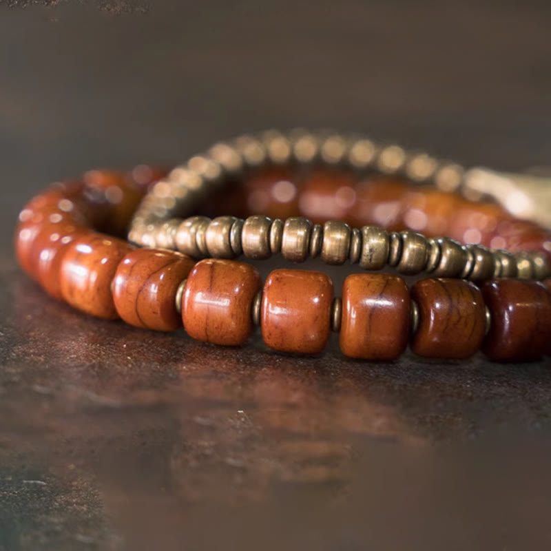 Bracelet spirituel double tour en cuivre et os de yak de 14 cm