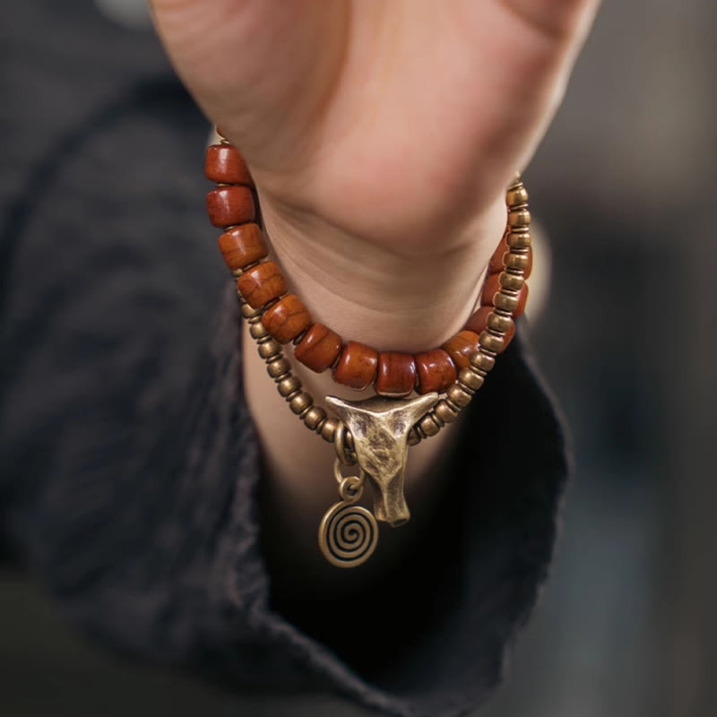 Bracelet spirituel double tour en cuivre et os de yak de 14 cm