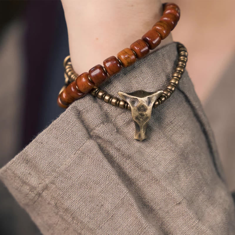 Bracelet spirituel double tour en cuivre et os de yak de 14 cm