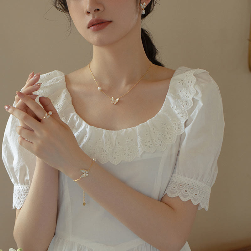 Parure de bijoux papillon Tridacna en or 14 carats et perles - Bague, collier et boucles d'oreilles