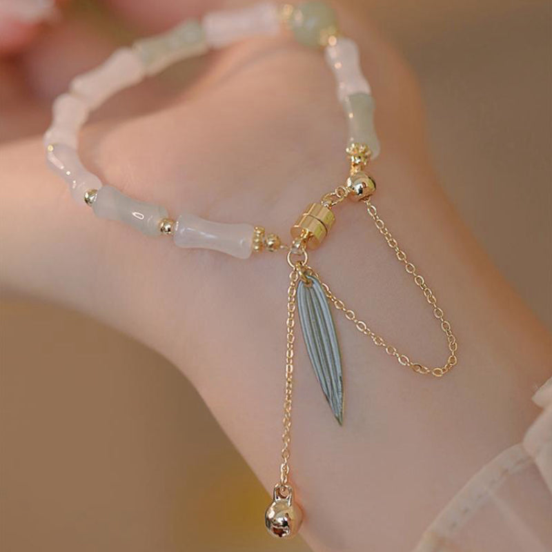 Bracelet de protection en jade blanc Hetian plaqué or 14 carats et feuille de bambou