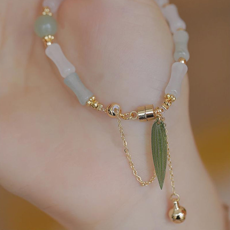 Bracelet de protection en jade blanc Hetian plaqué or 14 carats et feuille de bambou