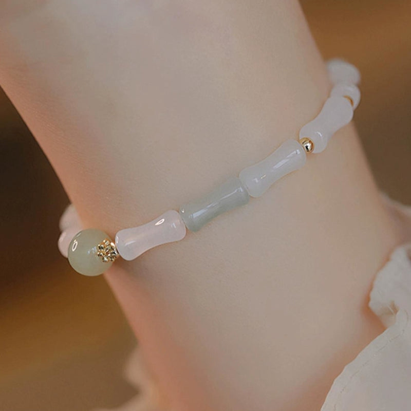 Bracelet de protection en jade blanc Hetian plaqué or 14 carats et feuille de bambou