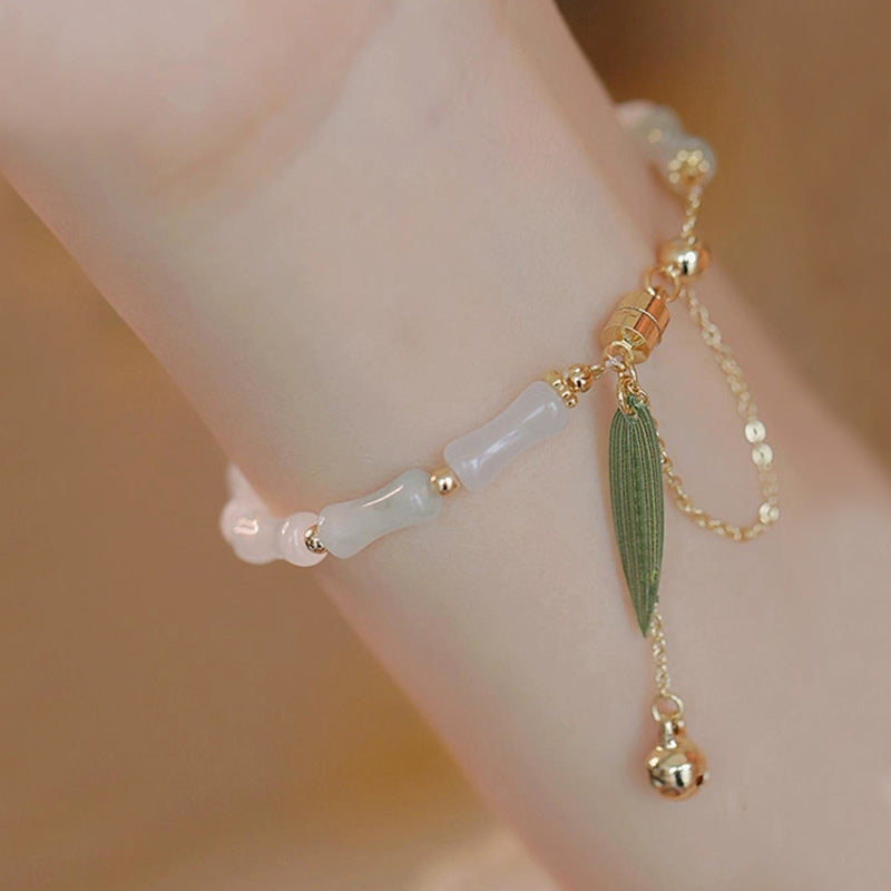 Bracelet de protection en jade blanc Hetian plaqué or 14 carats et feuille de bambou