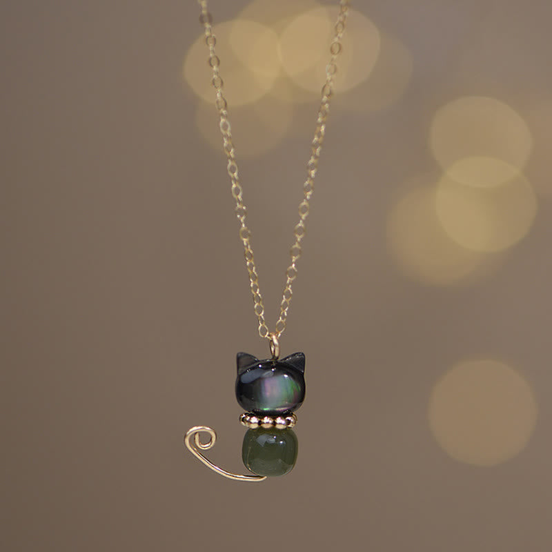 Collier pendentif chat porte-bonheur en jade plaqué or 14 carats