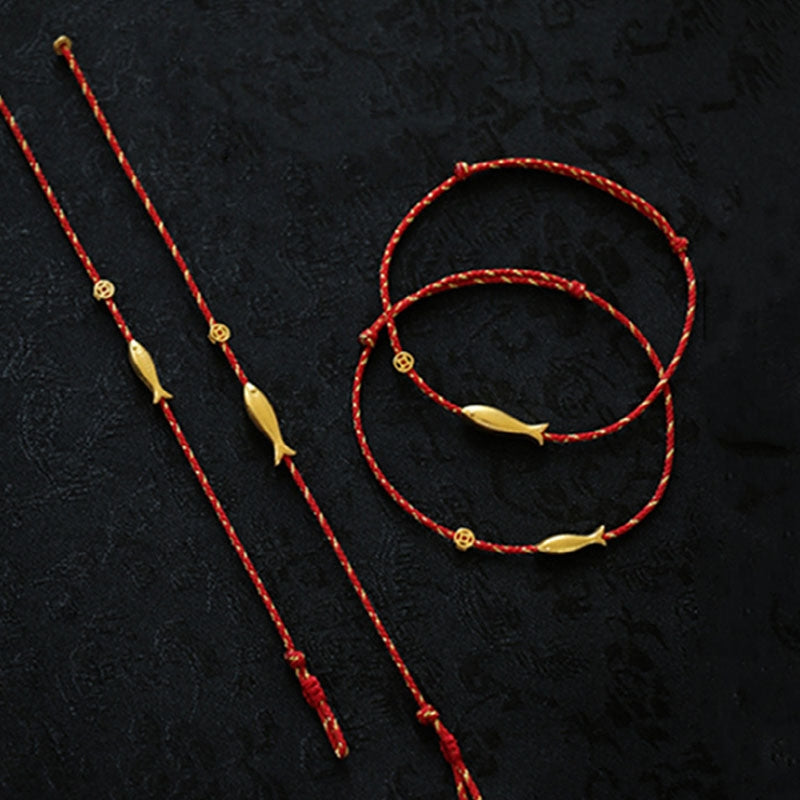 Bracelet tressé plaqué or 14 carats avec poisson koï et porte-bonheur