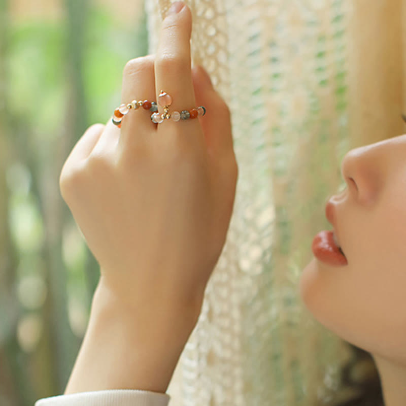 Bague Fu Lu Shou en pierre de lune pêche plaquée or 14 carats pour le bonheur