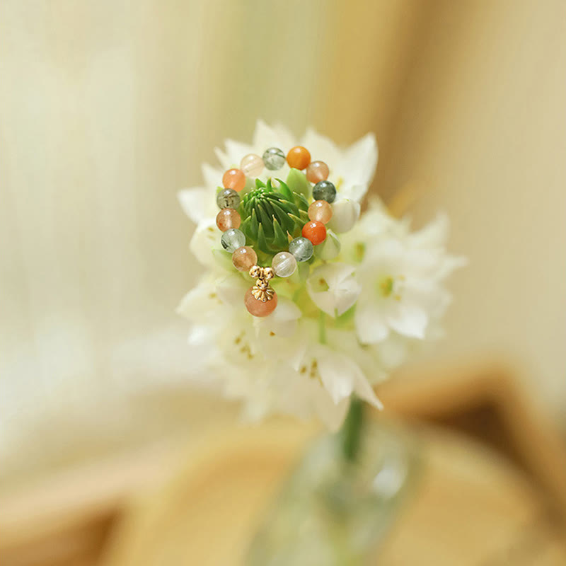 Bague Fu Lu Shou en pierre de lune pêche plaquée or 14 carats pour le bonheur
