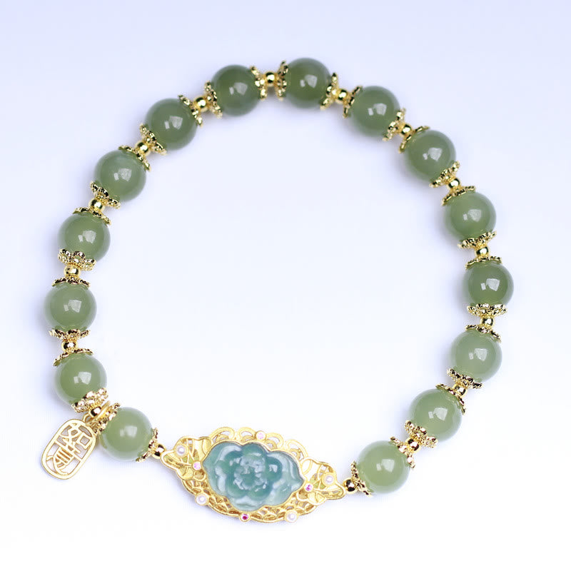 Bracelet porte-bonheur en argent sterling plaqué or 14 carats et jade Hetian
