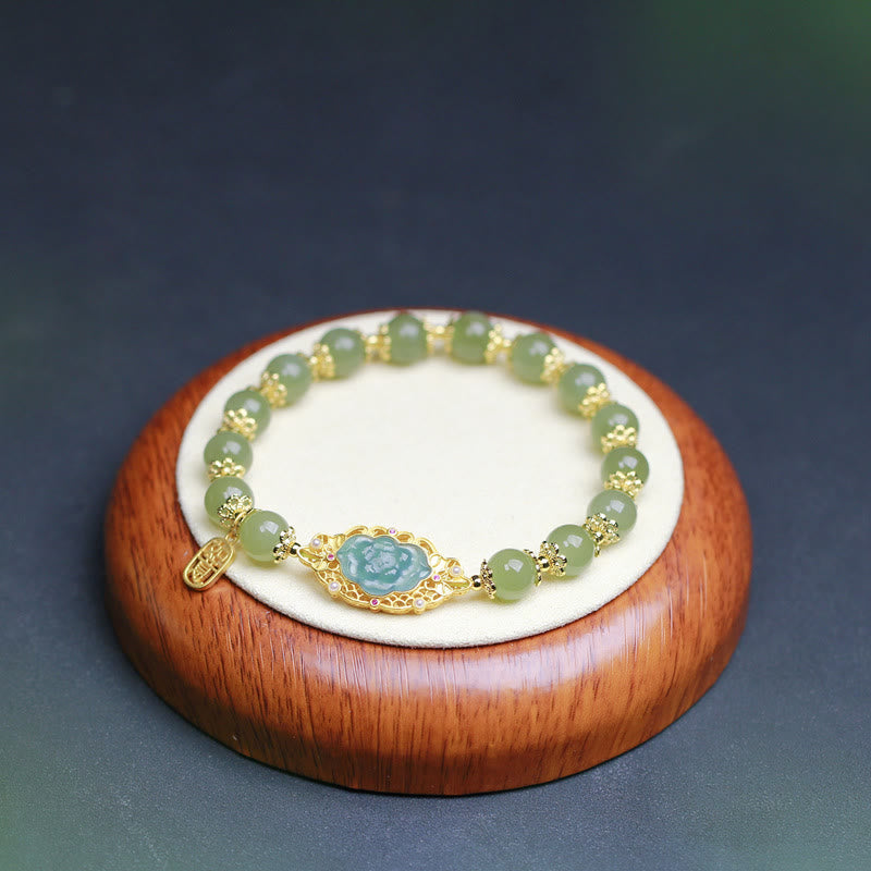 Bracelet porte-bonheur en argent sterling plaqué or 14 carats et jade Hetian