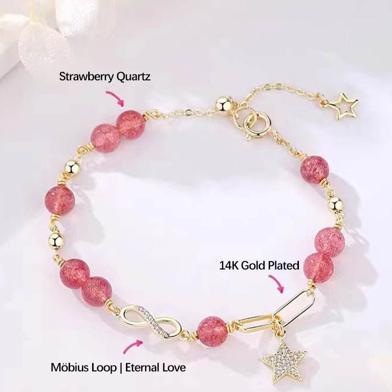 Bracelet Amour éternel en quartz fraise plaqué or 14 carats