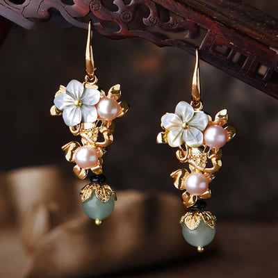Boucles d'oreilles pendantes en perles de pierre Tridacna plaquées or 14 carats