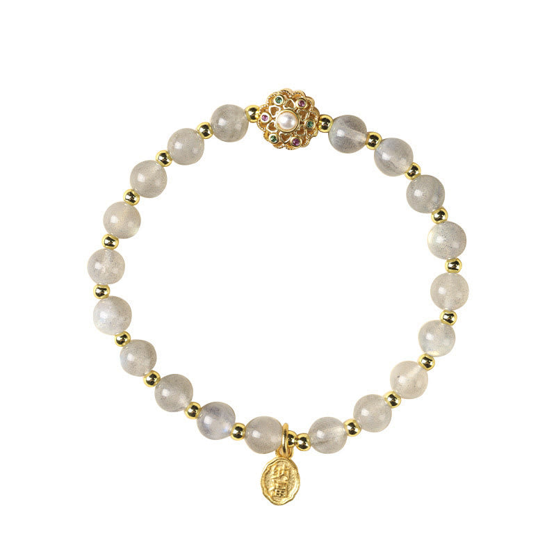 Bracelet spirituel en or 14 carats avec quartz fraise et breloque Fu