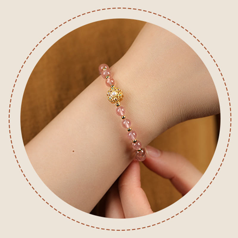 Bracelet spirituel en or 14 carats avec quartz fraise et breloque Fu