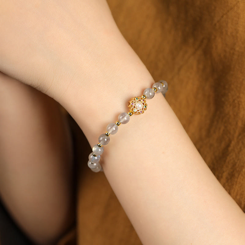 Bracelet spirituel en or 14 carats avec quartz fraise et breloque Fu