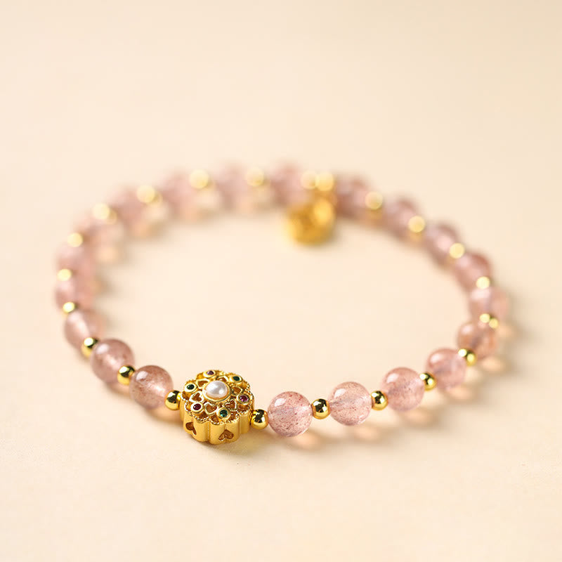 Bracelet spirituel en or 14 carats avec quartz fraise et breloque Fu