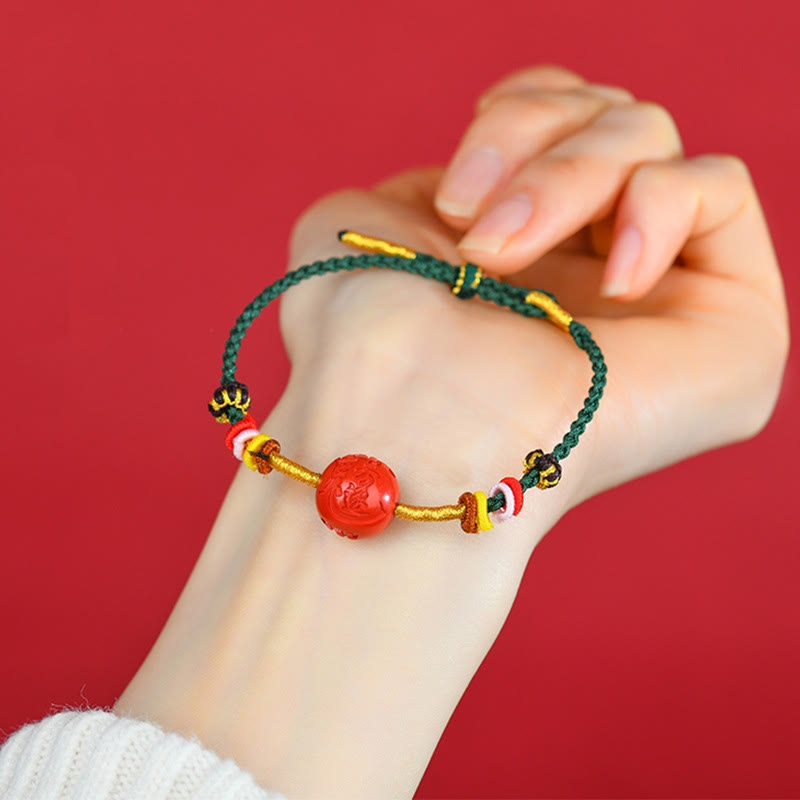 Bracelet de bénédiction en cinabre de 14 mm avec cordon vert pour l'équilibre