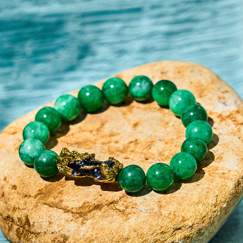 Bracelet de protection PiXiu en jade cyan de 14 mm pour la richesse