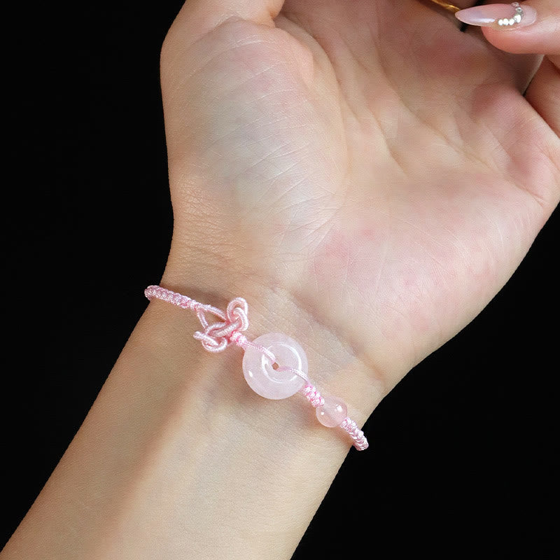 Bracelet porte-bonheur positif en quartz rose de 14 mm avec boucle de paix