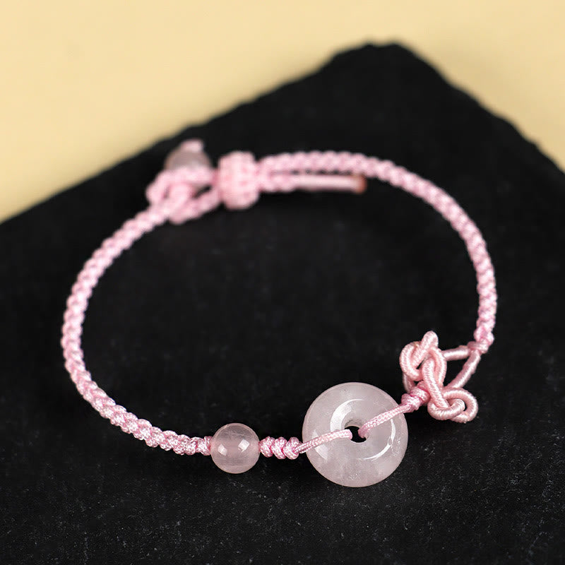 Bracelet porte-bonheur positif en quartz rose de 14 mm avec boucle de paix