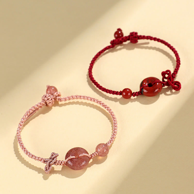 Bracelet porte-bonheur positif en quartz rose de 14 mm avec boucle de paix