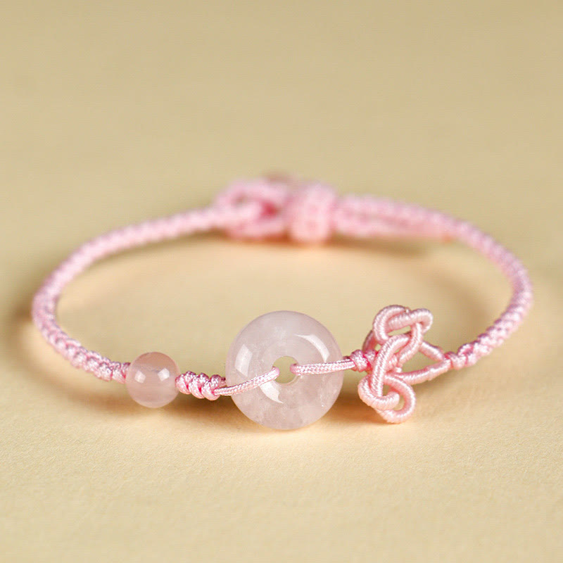 Bracelet porte-bonheur positif en quartz rose de 14 mm avec boucle de paix