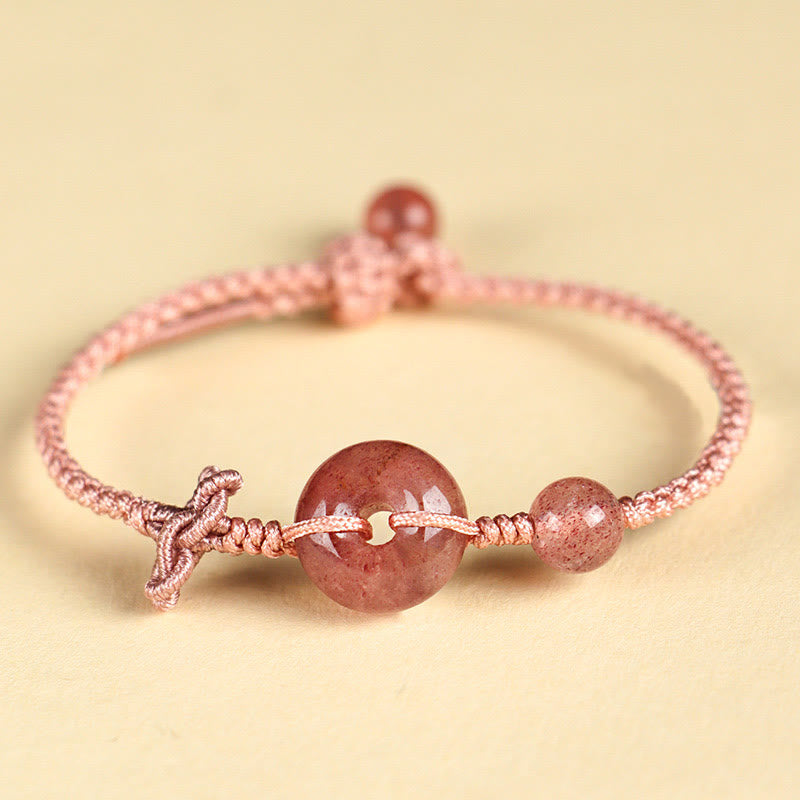 Bracelet porte-bonheur positif en quartz rose de 14 mm avec boucle de paix