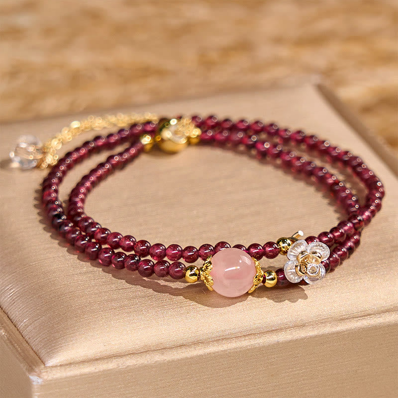 Bracelet double tour calme en grenat rose et cristal 15-16 cm