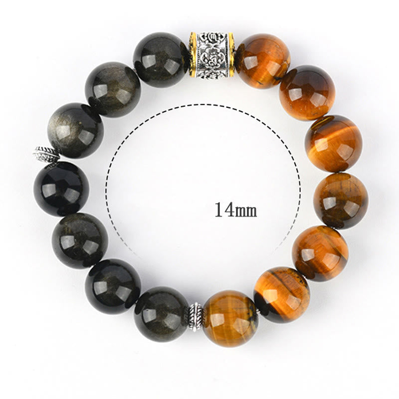 Bracelet en obsidienne dorée et œil de tigre Om Mani Padme Hum de 15 à 17 cm