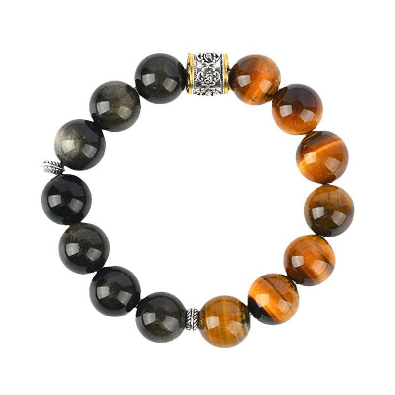 Bracelet en obsidienne dorée et œil de tigre Om Mani Padme Hum de 15 à 17 cm