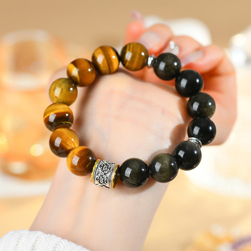 Bracelet en obsidienne dorée et œil de tigre Om Mani Padme Hum de 15 à 17 cm