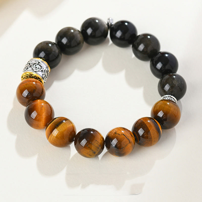 Bracelet en obsidienne dorée et œil de tigre Om Mani Padme Hum de 15 à 17 cm