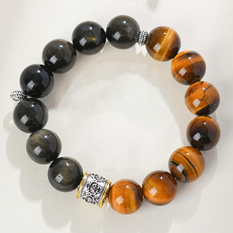 Bracelet en obsidienne dorée et œil de tigre Om Mani Padme Hum de 15 à 17 cm