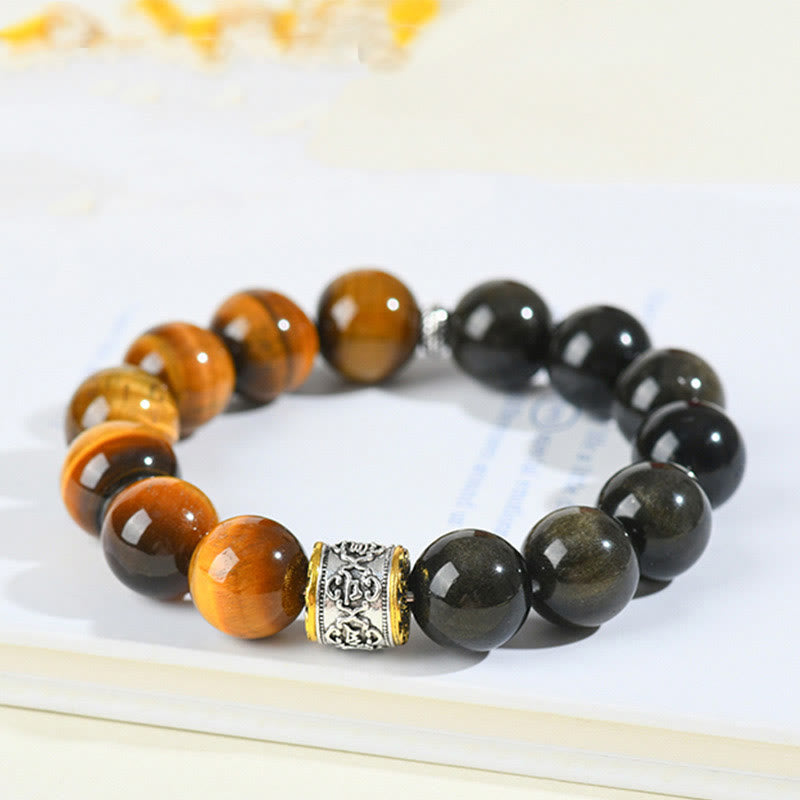 Bracelet en obsidienne dorée et œil de tigre Om Mani Padme Hum de 15 à 17 cm