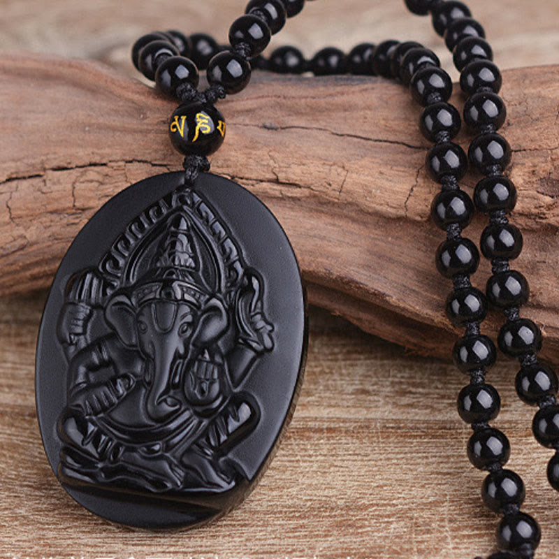 Obsidian Ganesh Elephant Wealth Amulet Necklace 56cm