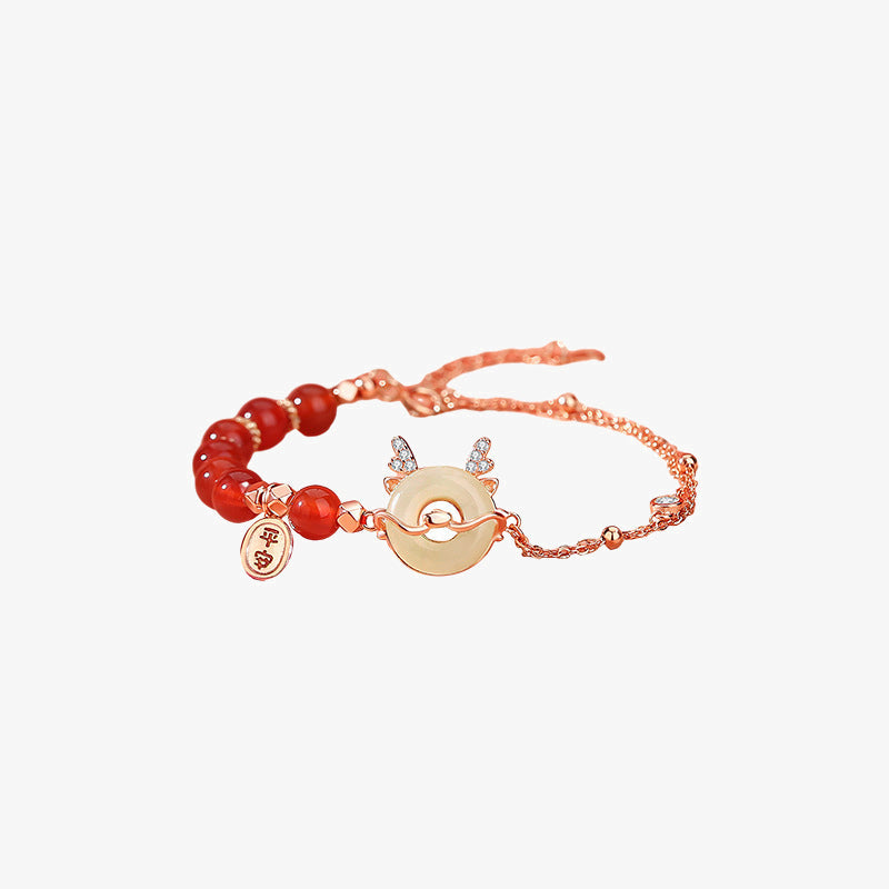 Unisex 925 Sterling Silver Dragon Bracelet with Red Agate & Hetian Jade