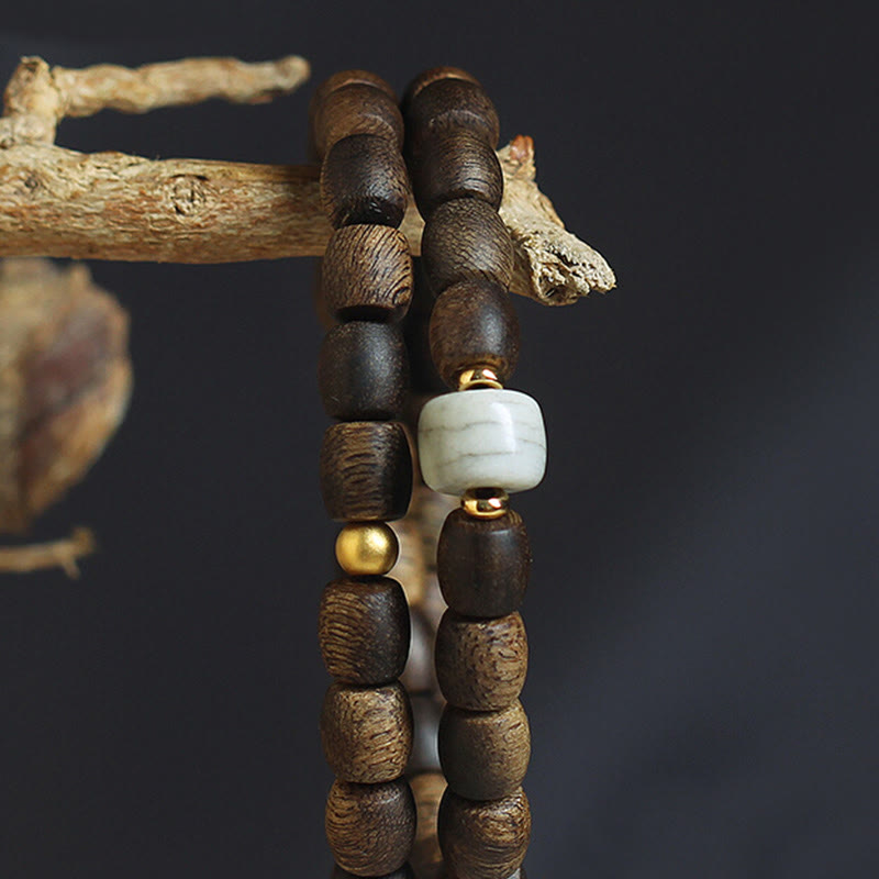 Bracelet spirituel double tour en bois d'agar et or 999 de 15 cm