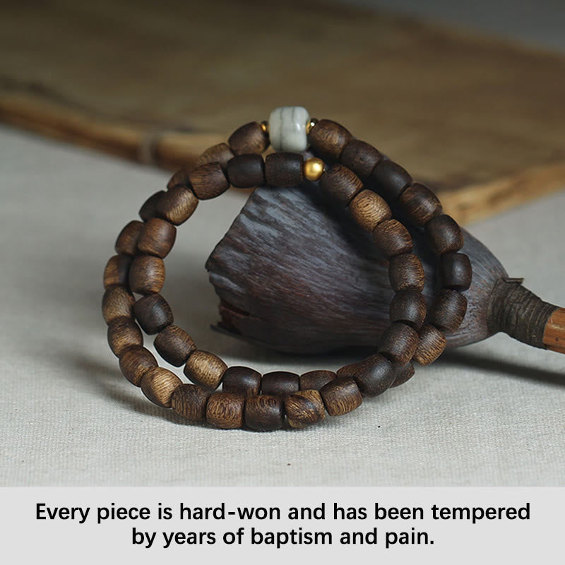 Bracelet spirituel double tour en bois d'agar et or 999 de 15 cm