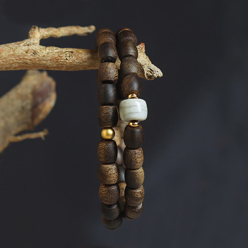 Bracelet spirituel double tour en bois d'agar et or 999 de 15 cm