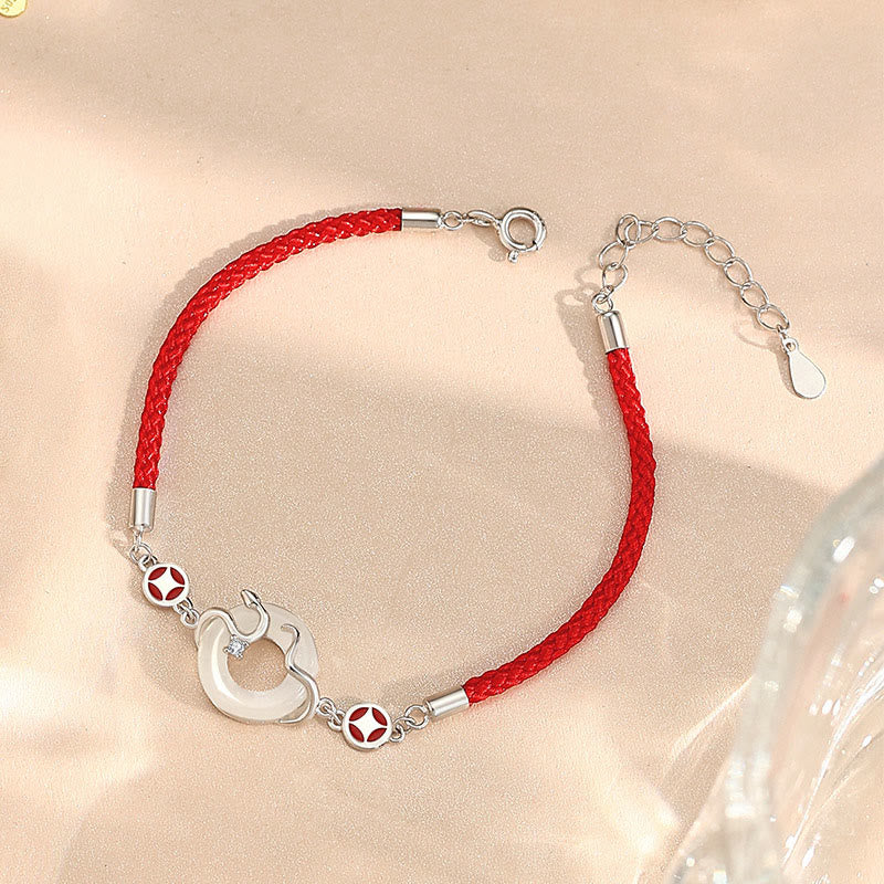 Bracelet en jade Hetian de 15 cm avec boucle de paix et cordon rouge pour la prospérité