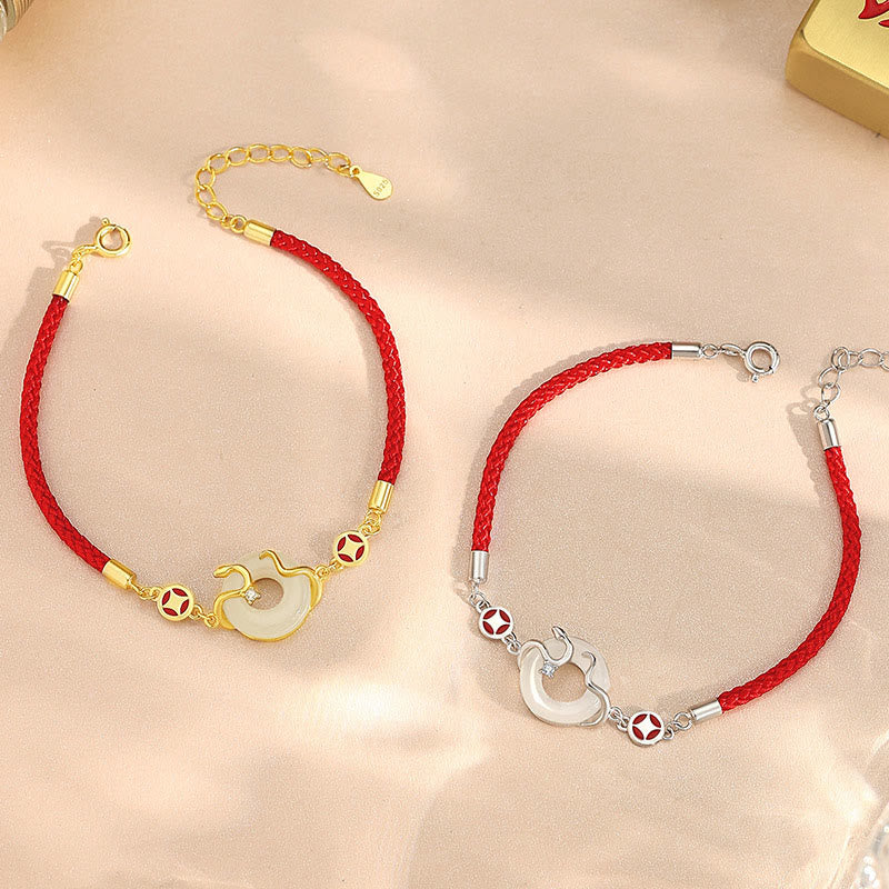 Bracelet en jade Hetian de 15 cm avec boucle de paix et cordon rouge pour la prospérité