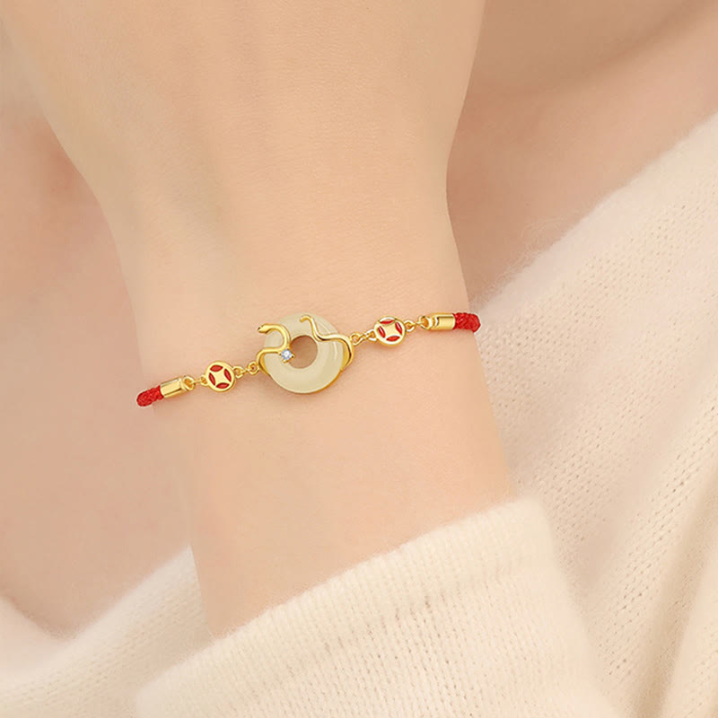 Bracelet en jade Hetian de 15 cm avec boucle de paix et cordon rouge pour la prospérité