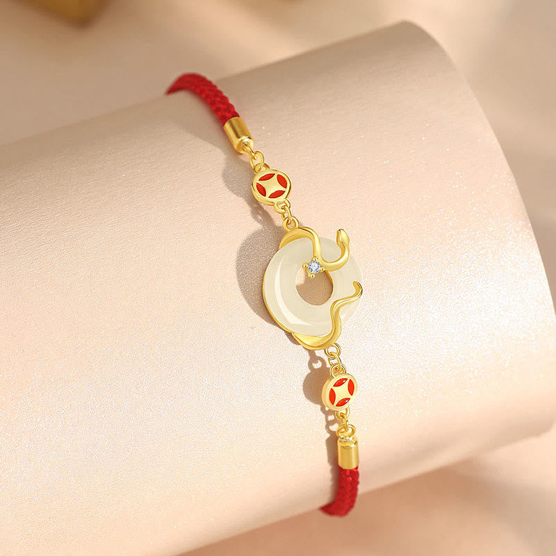 Bracelet en jade Hetian de 15 cm avec boucle de paix et cordon rouge pour la prospérité