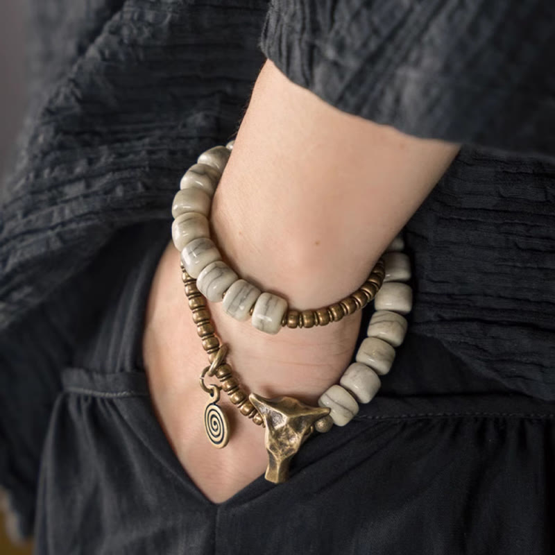 Bracelet spirituel double tour en cuivre et os de yak de 16 à 17,5 cm, équilibre